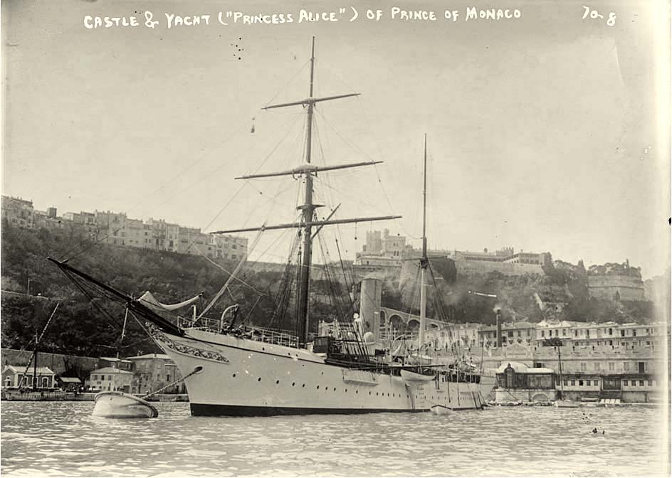 Monaco city. 'Princess Alice' - yacht of Prince, castle in background